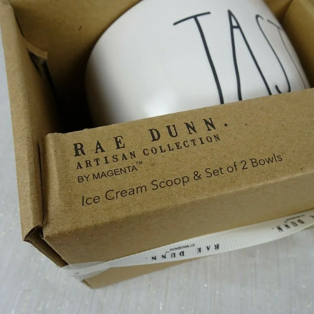 RAE DUNN Tasty And Sweet 3-PC Ice Cream Set 2 Bowls 1 Blue Scoop In Gift Box New